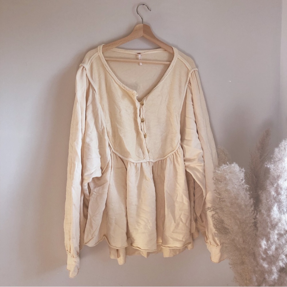 Free People About a Girl Pullover Cream 100% Cotton Flowy Oversized Size L